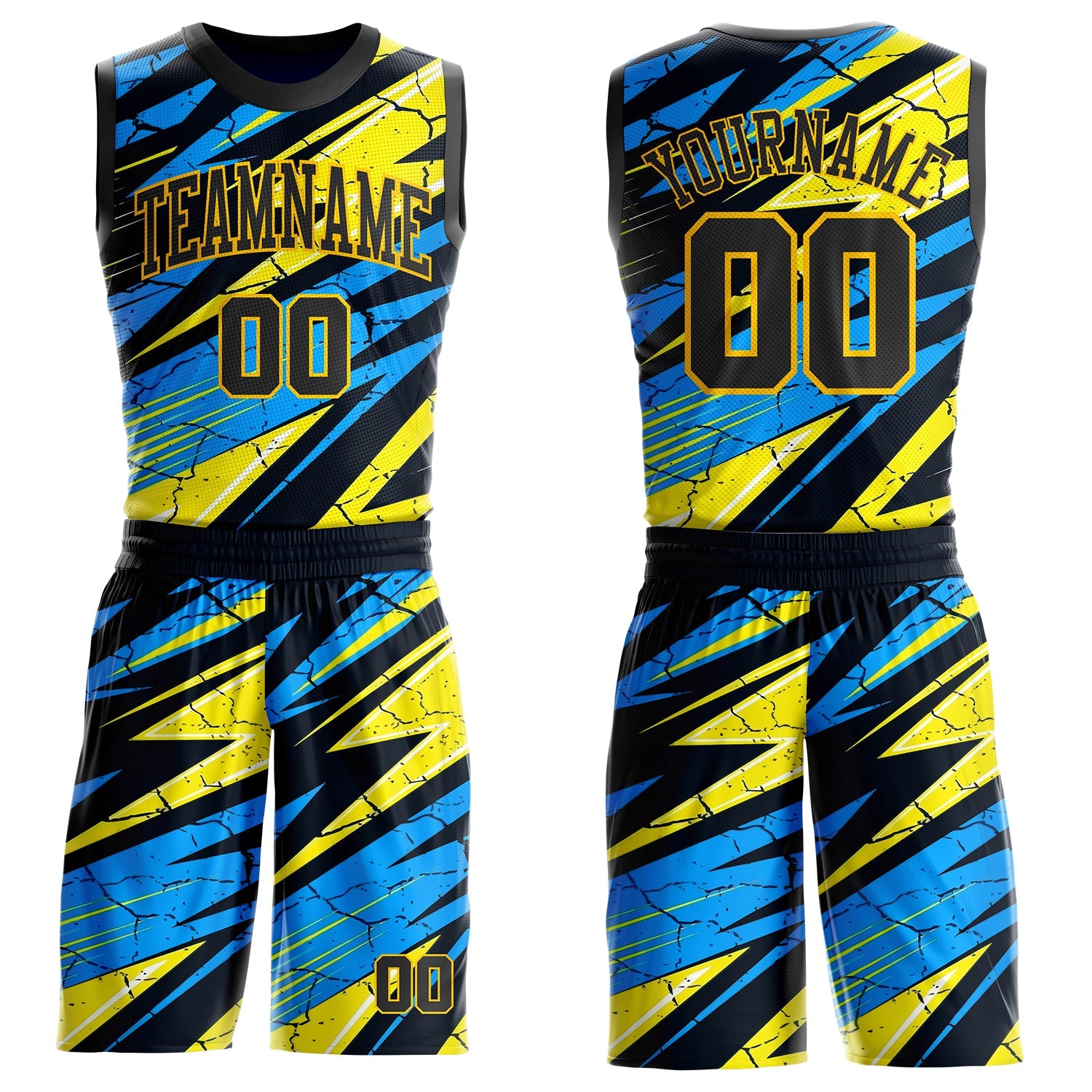 Custom Blue Black-Yellow Geometric Lightning Round Neck Sublimation Basketball Uniform Jersey