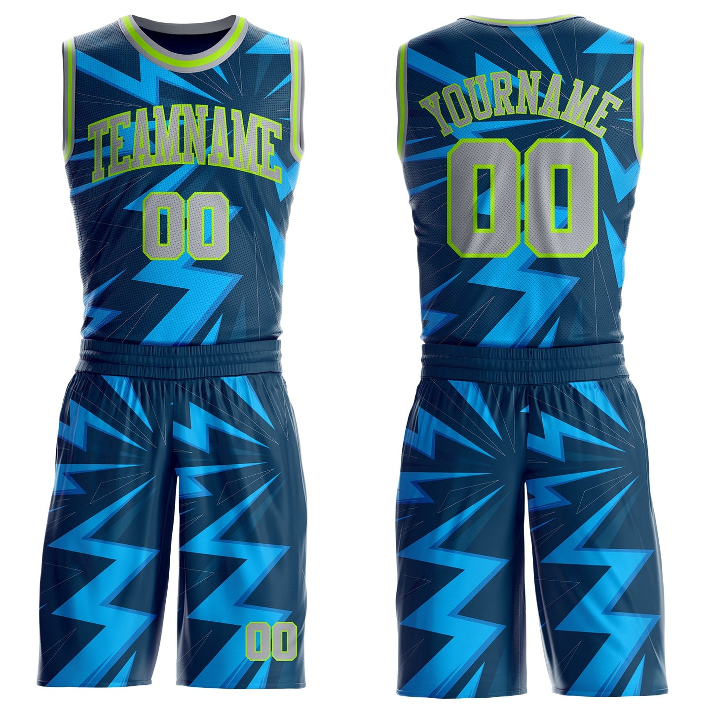 Custom Blue Gray-Neon Green Lightning Burst Round Neck Sublimation Basketball Uniform Jersey