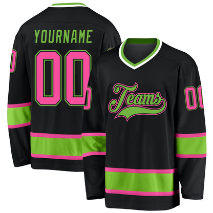 Custom Black Pink-Neon Green Hockey Jersey