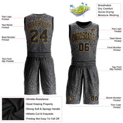 Custom Black Black-Old Gold Round Neck Sublimation Basketball Uniform Jersey