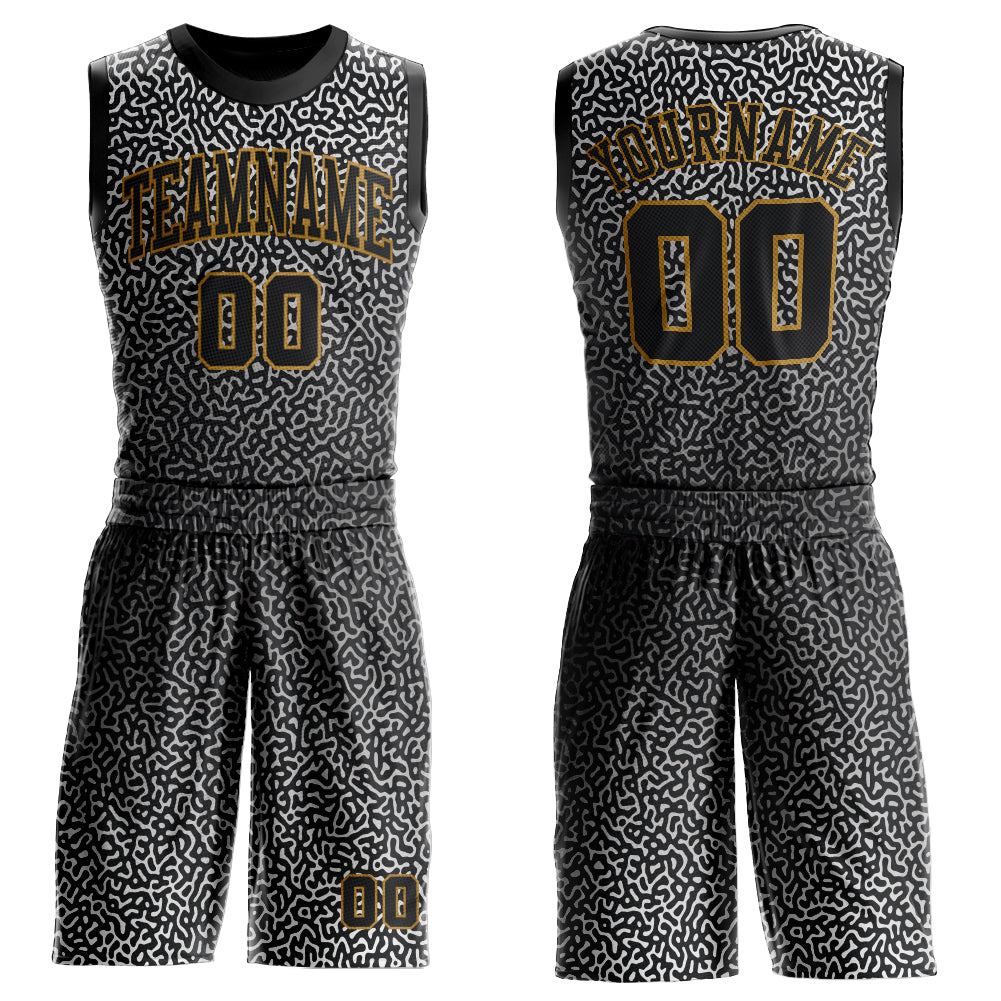 Custom Black Black-Old Gold Round Neck Sublimation Basketball Uniform Jersey