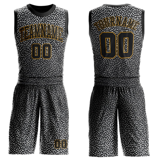 Custom Black Black-Old Gold Round Neck Sublimation Basketball Uniform Jersey