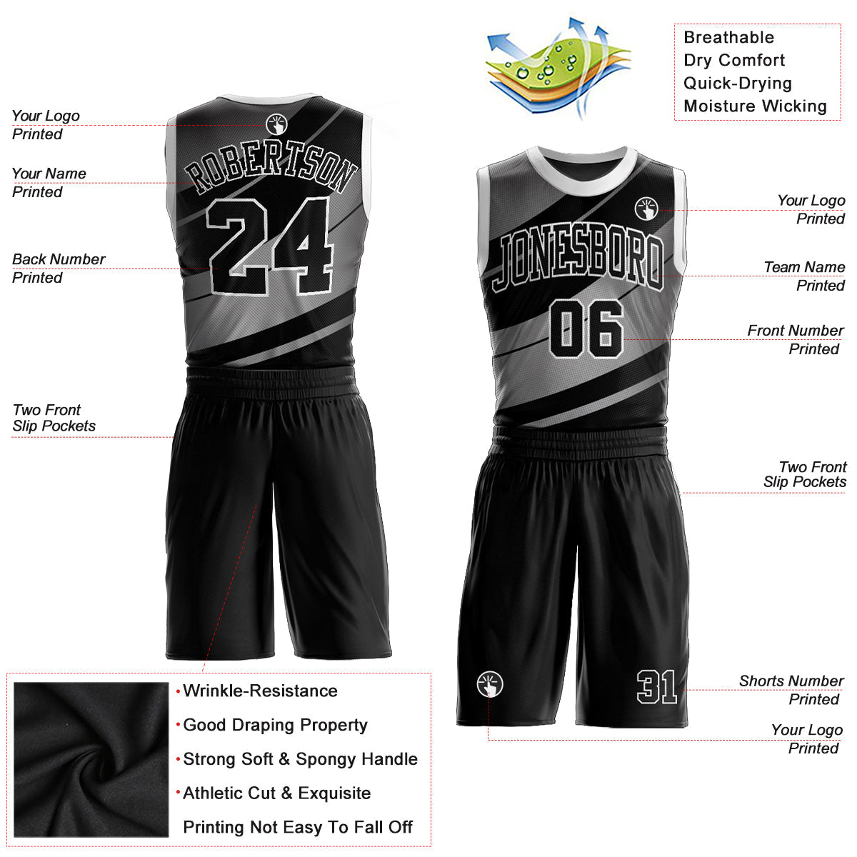 Custom Black Black-Gray Round Neck Sublimation Basketball Uniform Jersey