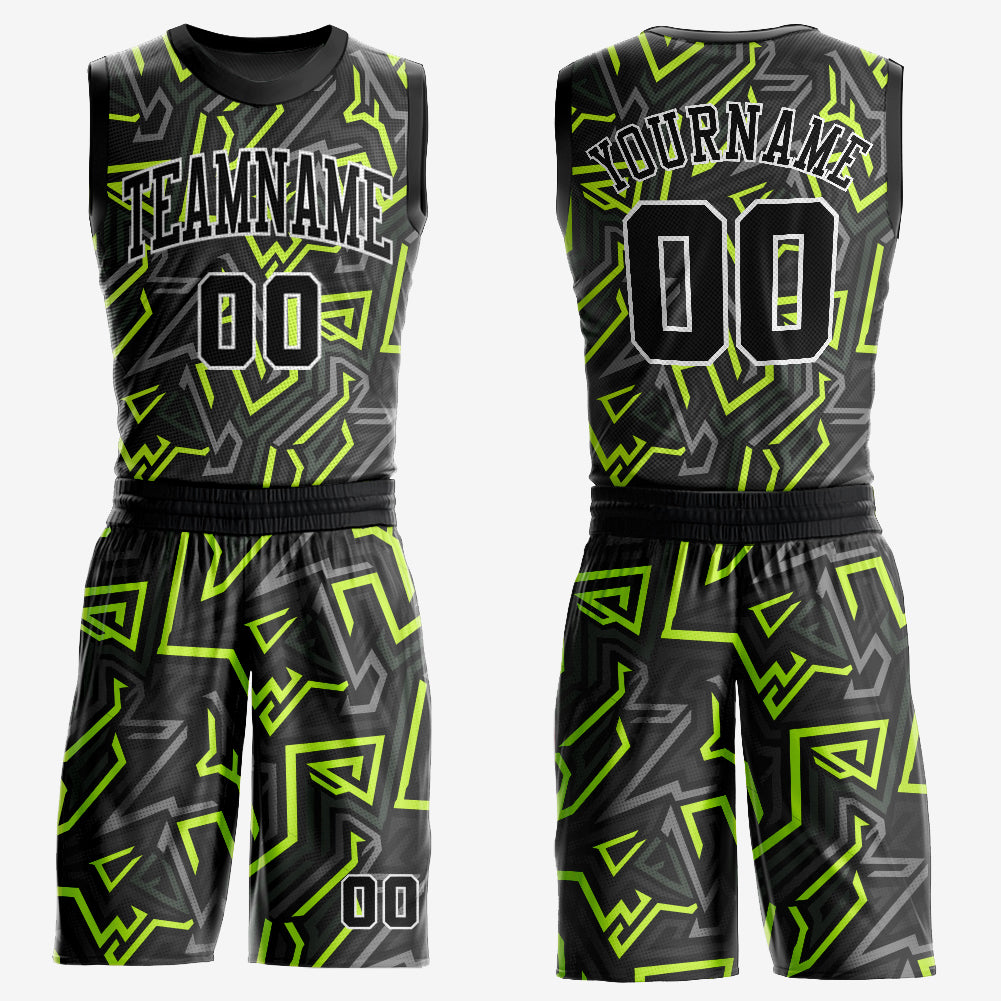 Custom Black Black-Neon Green Round Neck Sublimation Basketball Uniform Jersey