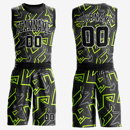 Custom Black Black-Neon Green Round Neck Sublimation Basketball Uniform Jersey