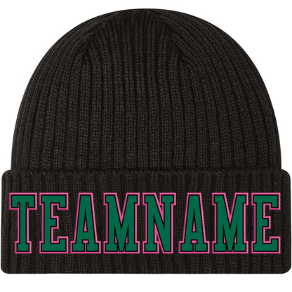 Custom Black Kelly Green-Pink Stitched Cuffed Knit Hat