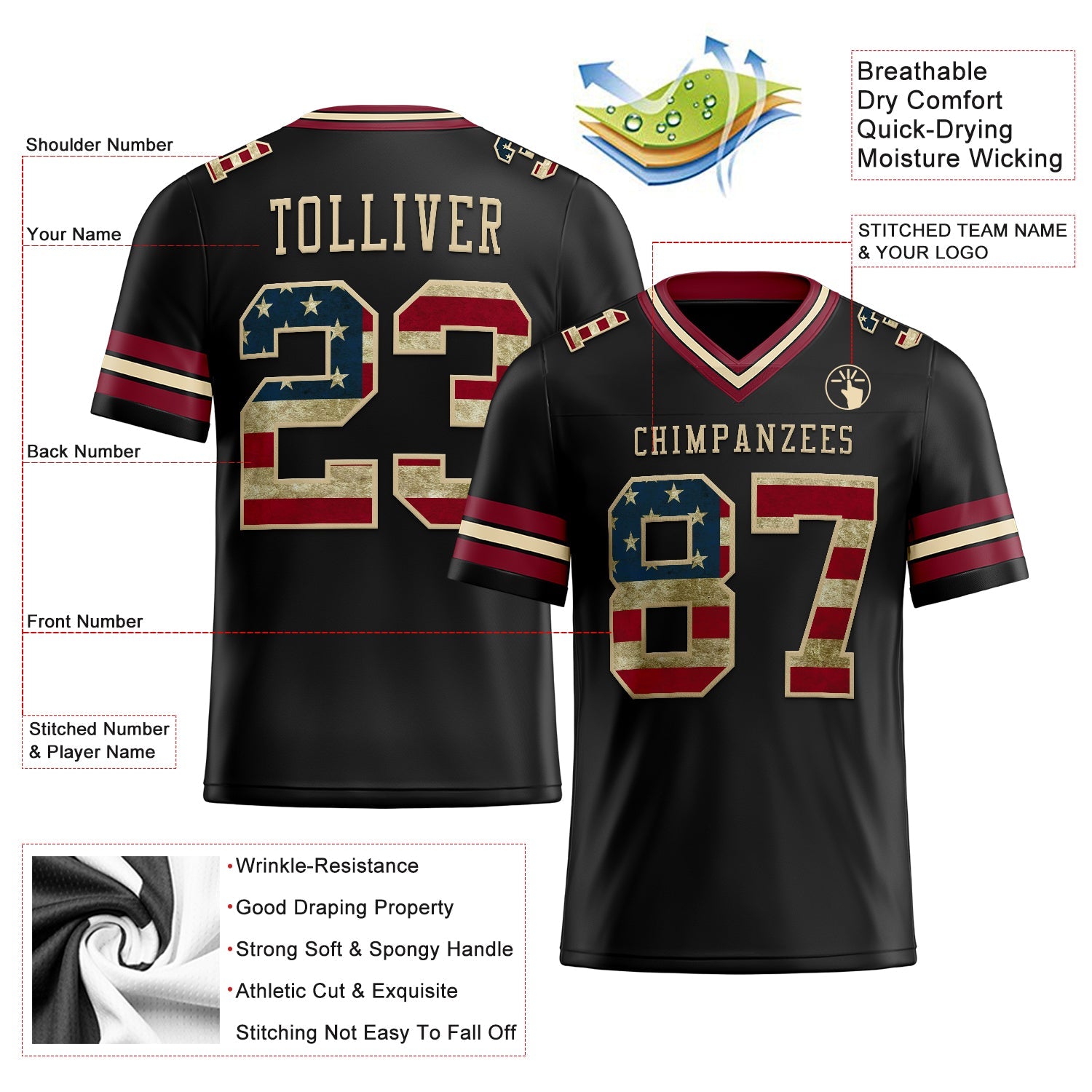 Custom Black Vintage USA Flag Crimson-City Cream Authentic Football Jersey