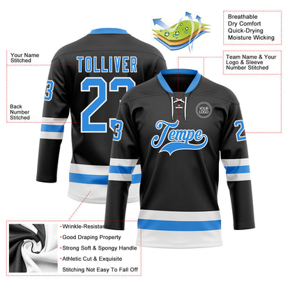 Custom Black Powder Blue-White Hockey Lace Neck Jersey