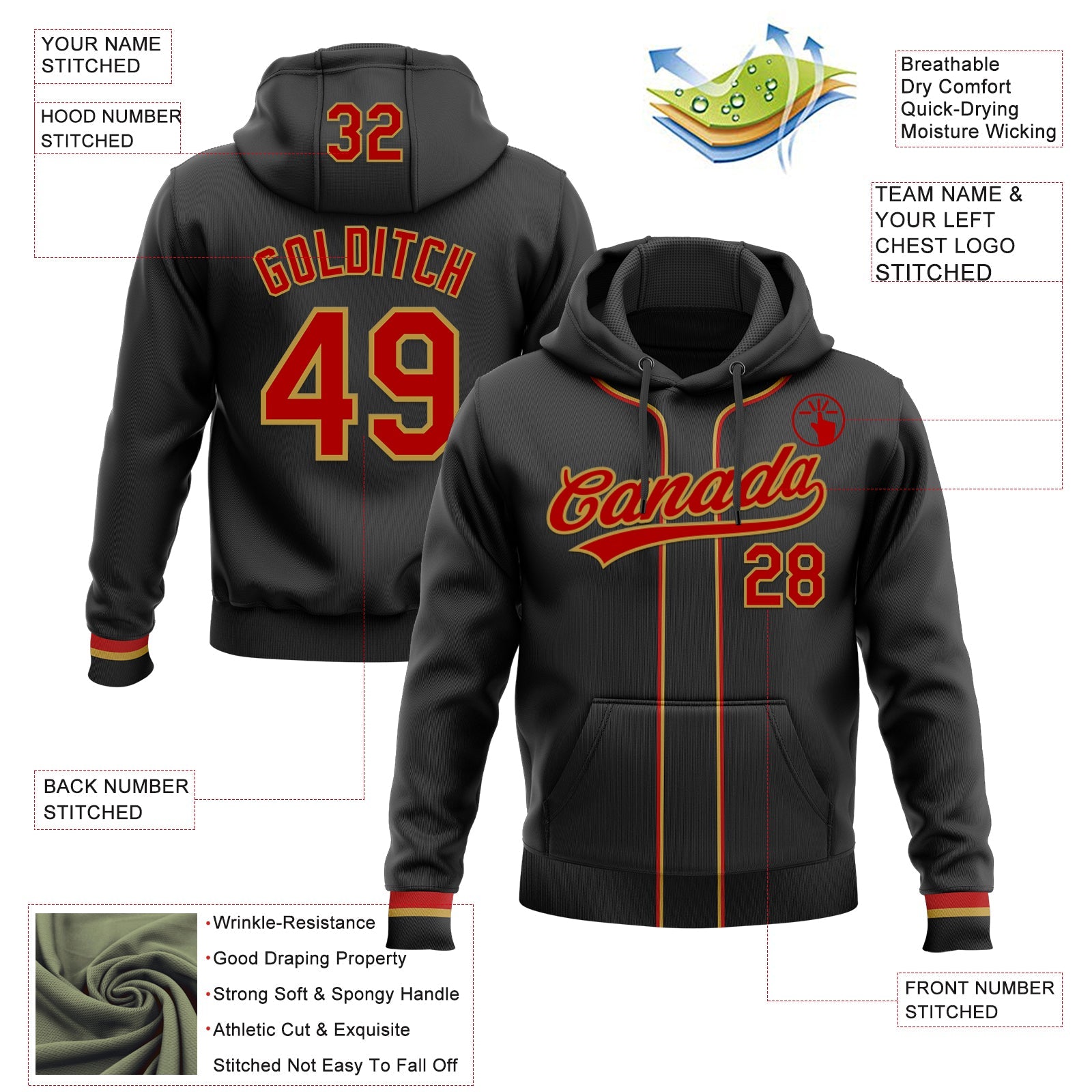 Custom Stitched Black Red-Old Gold Baseball Pullover Sweatshirt Hoodie