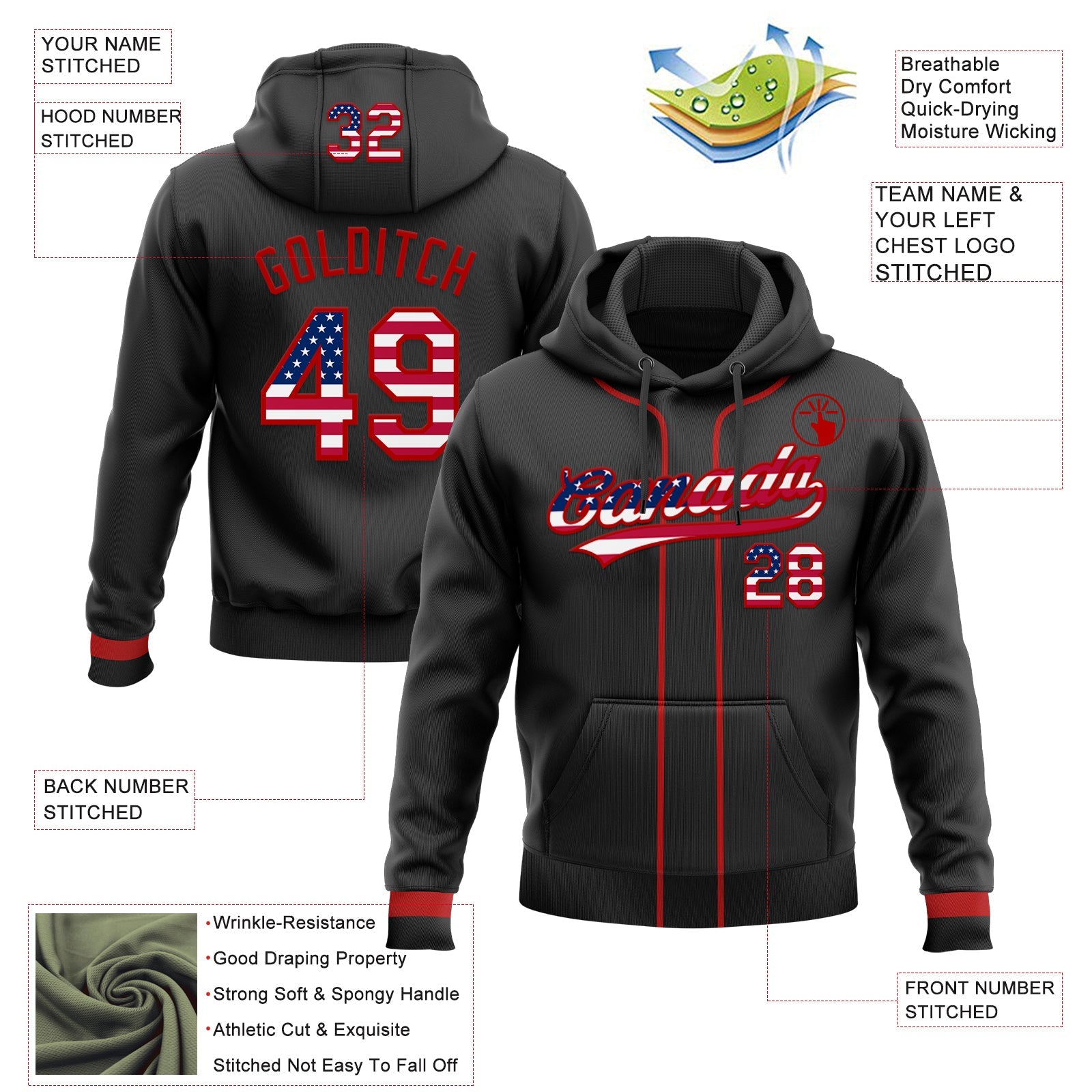 Custom Stitched Black USA Flag-Red Baseball Pullover Sweatshirt Hoodie