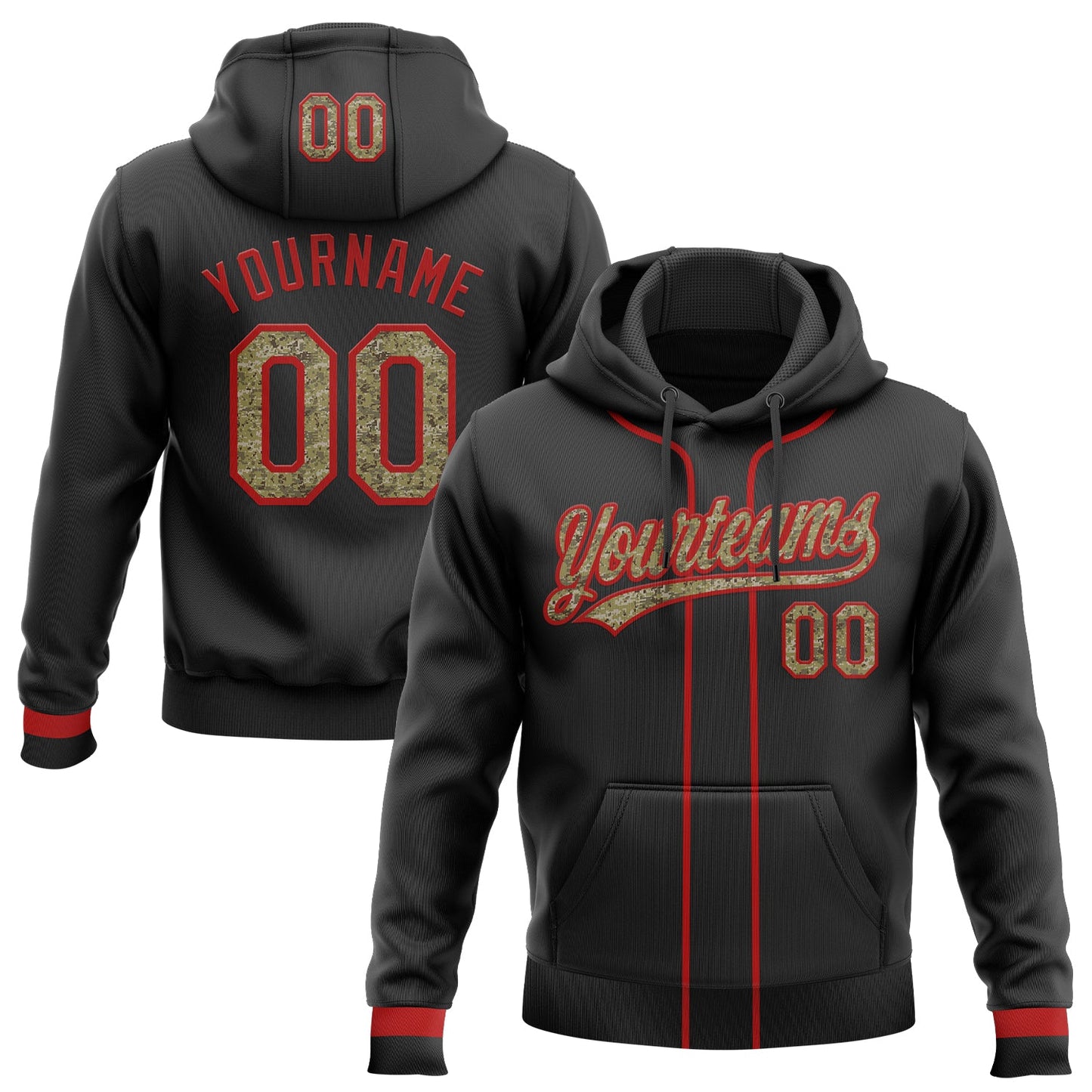 Custom Stitched Black Camo-Red Baseball Pullover Sweatshirt Hoodie