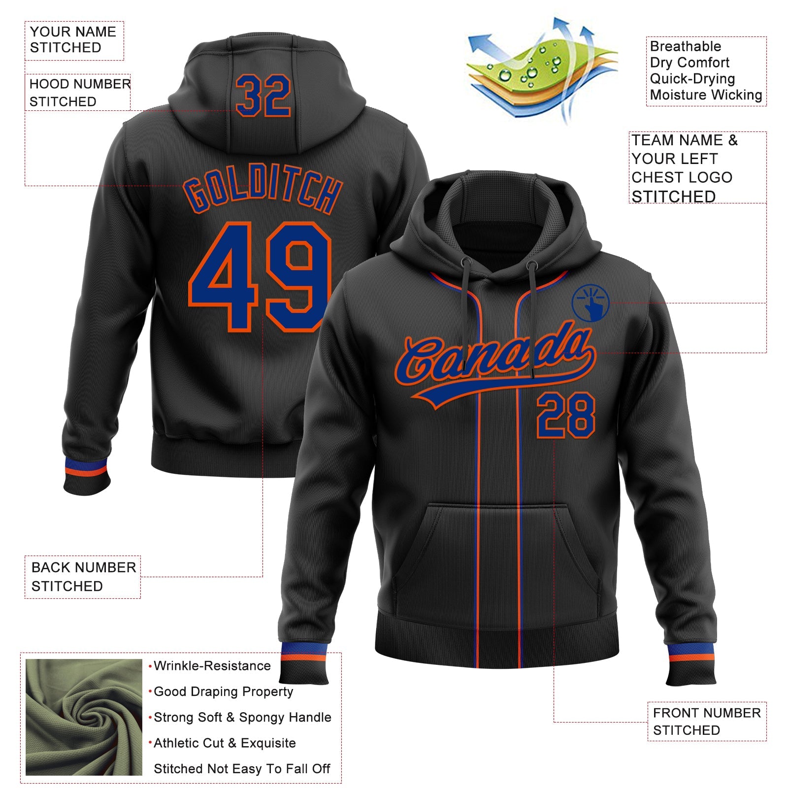 Custom Stitched Black Royal-Orange Baseball Pullover Sweatshirt Hoodie