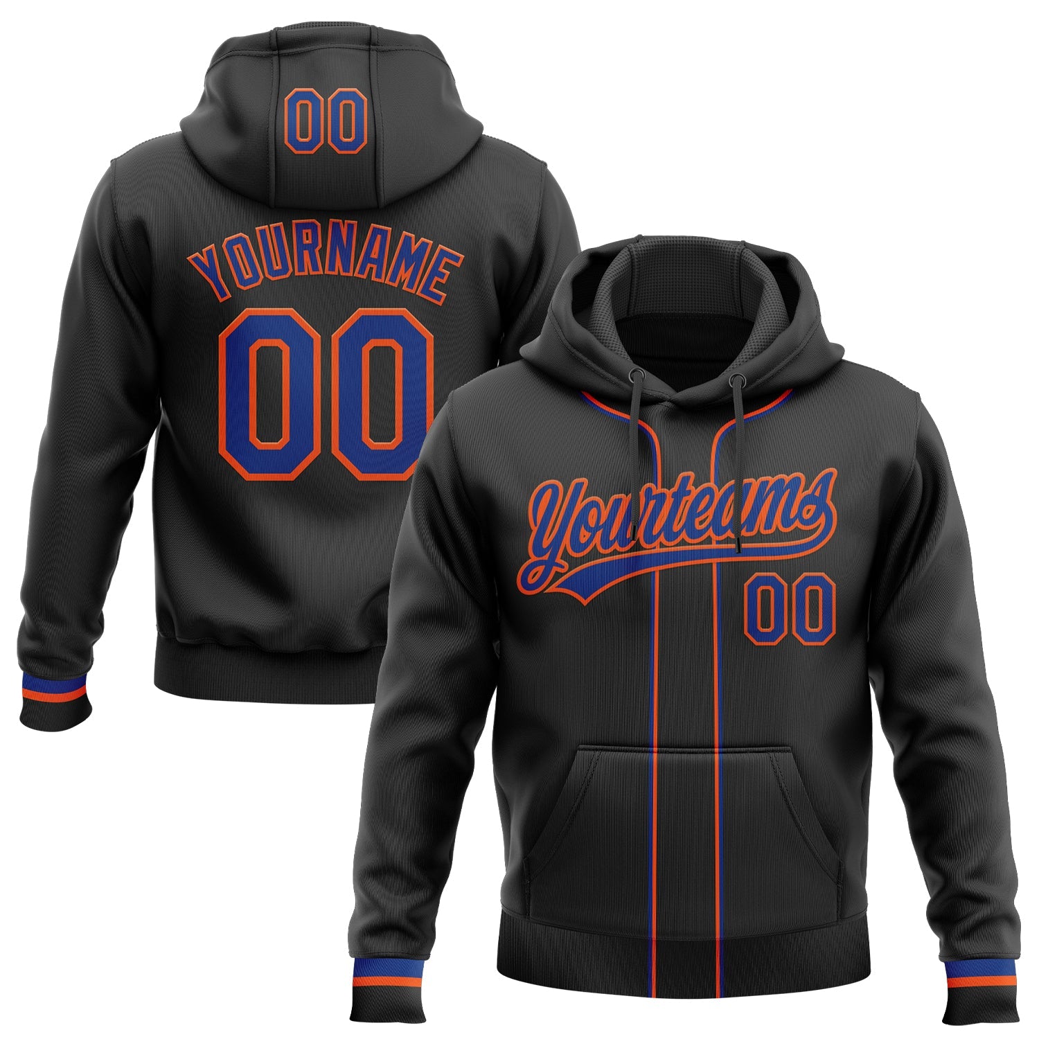 Custom Stitched Black Royal-Orange Baseball Pullover Sweatshirt Hoodie