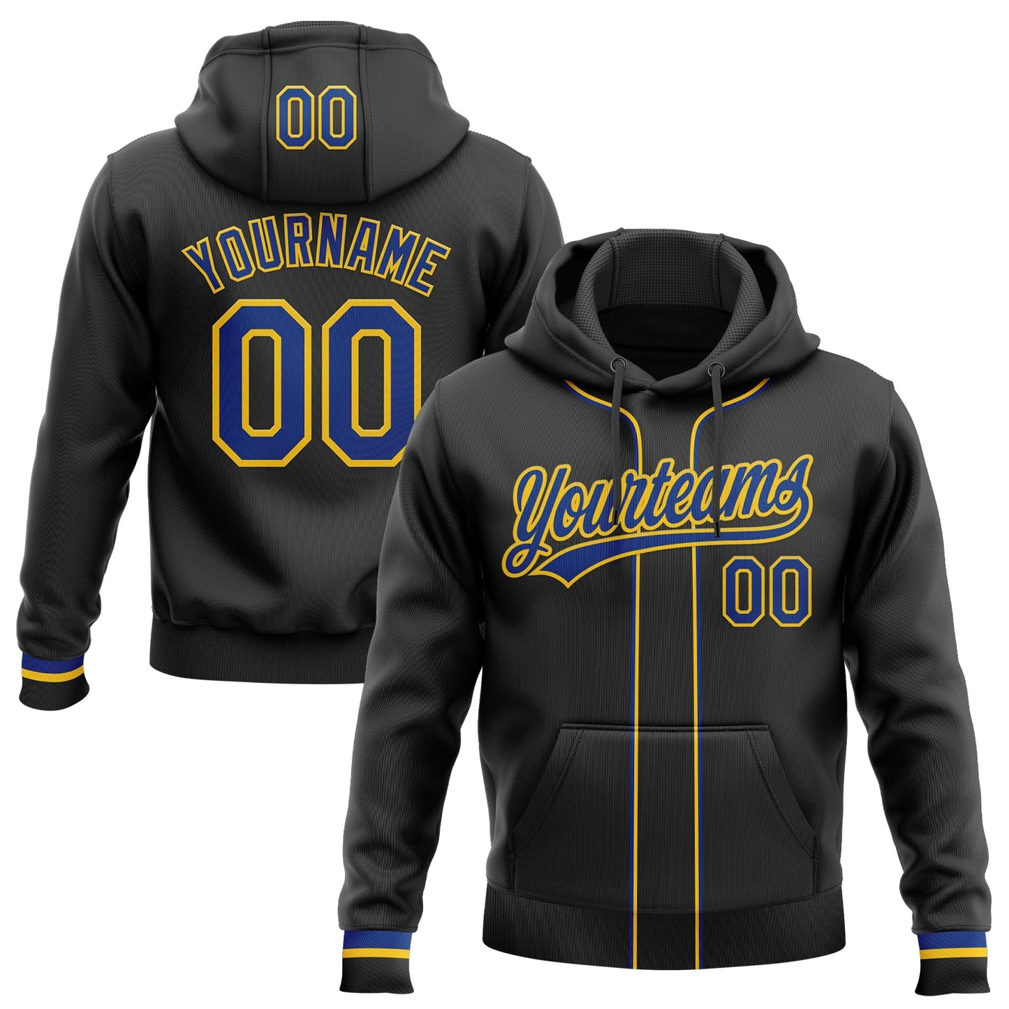 Custom Stitched Black Royal-Yellow Baseball Pullover Sweatshirt Hoodie