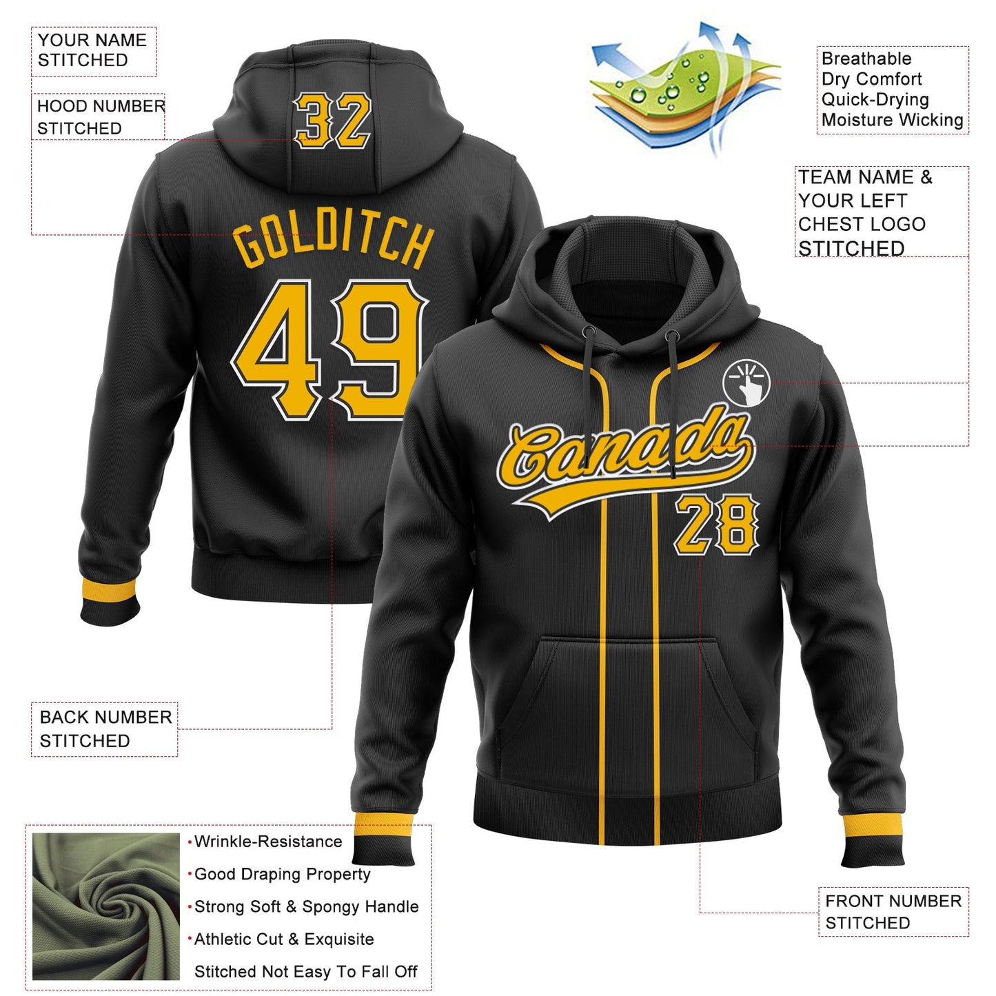 Custom Stitched Black Gold-White Baseball Pullover Sweatshirt Hoodie