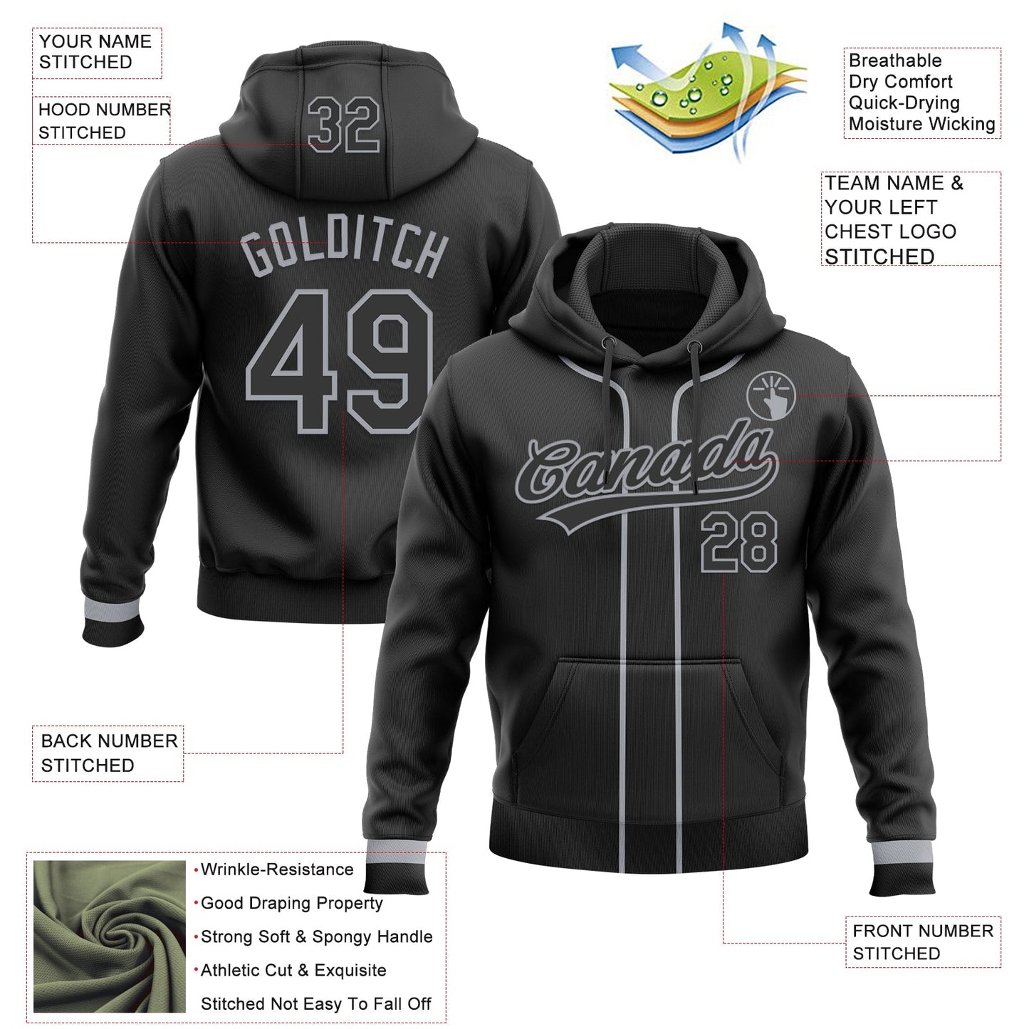 Custom Stitched Black Gray Baseball Pullover Sweatshirt Hoodie