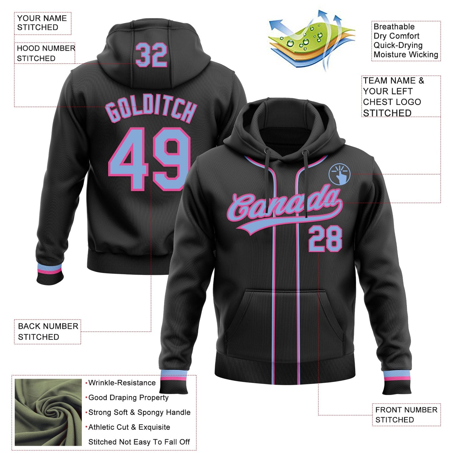 Custom Stitched Black Light Blue-Pink Baseball Pullover Sweatshirt Hoodie