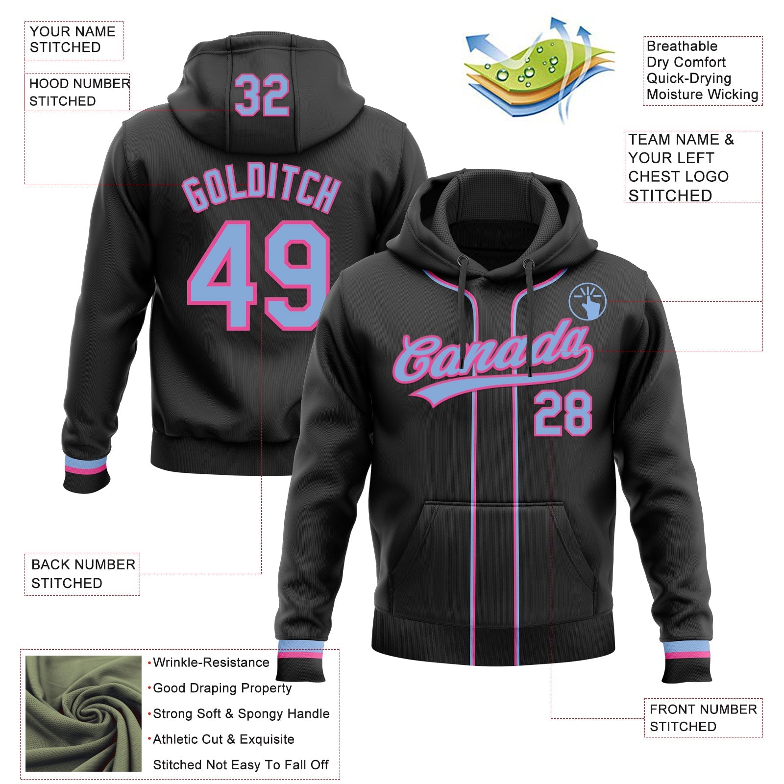 Custom Stitched Black Light Blue-Pink Baseball Pullover Sweatshirt Hoodie