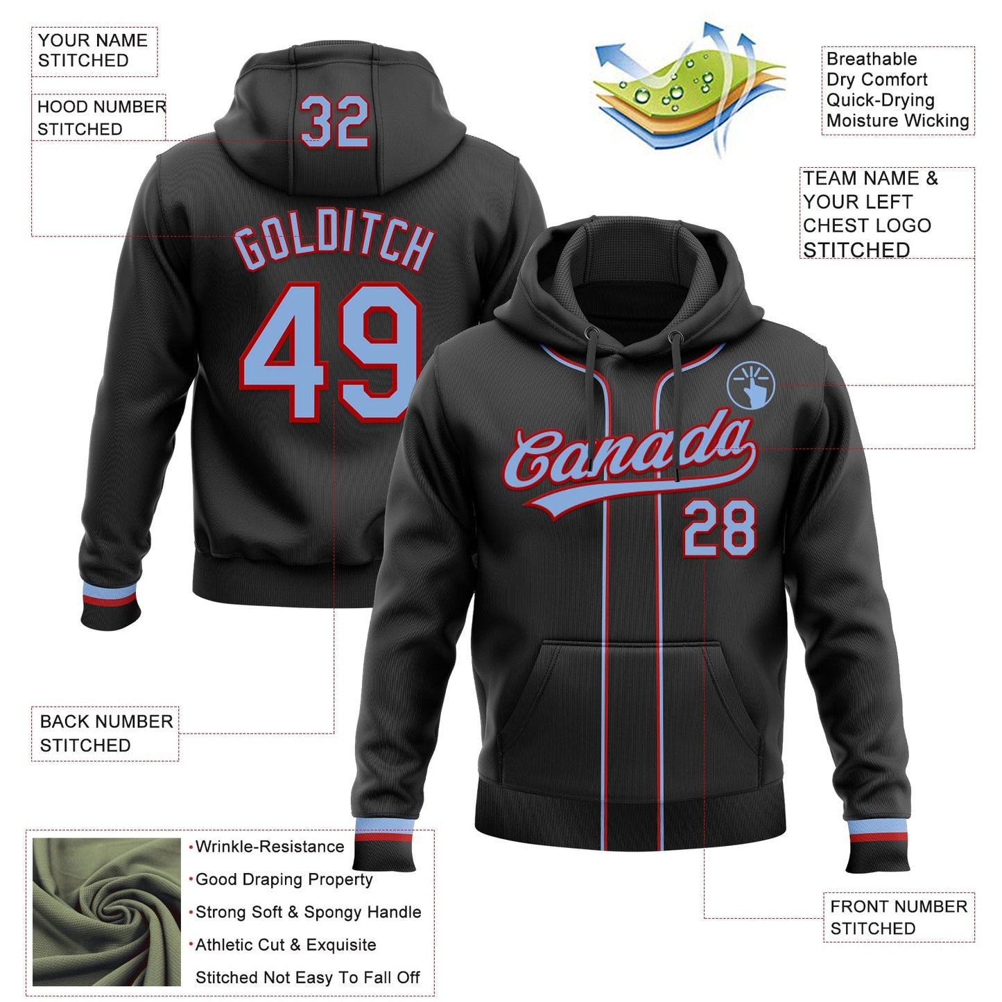 Custom Stitched Black Light Blue-Red Baseball Pullover Sweatshirt Hoodie