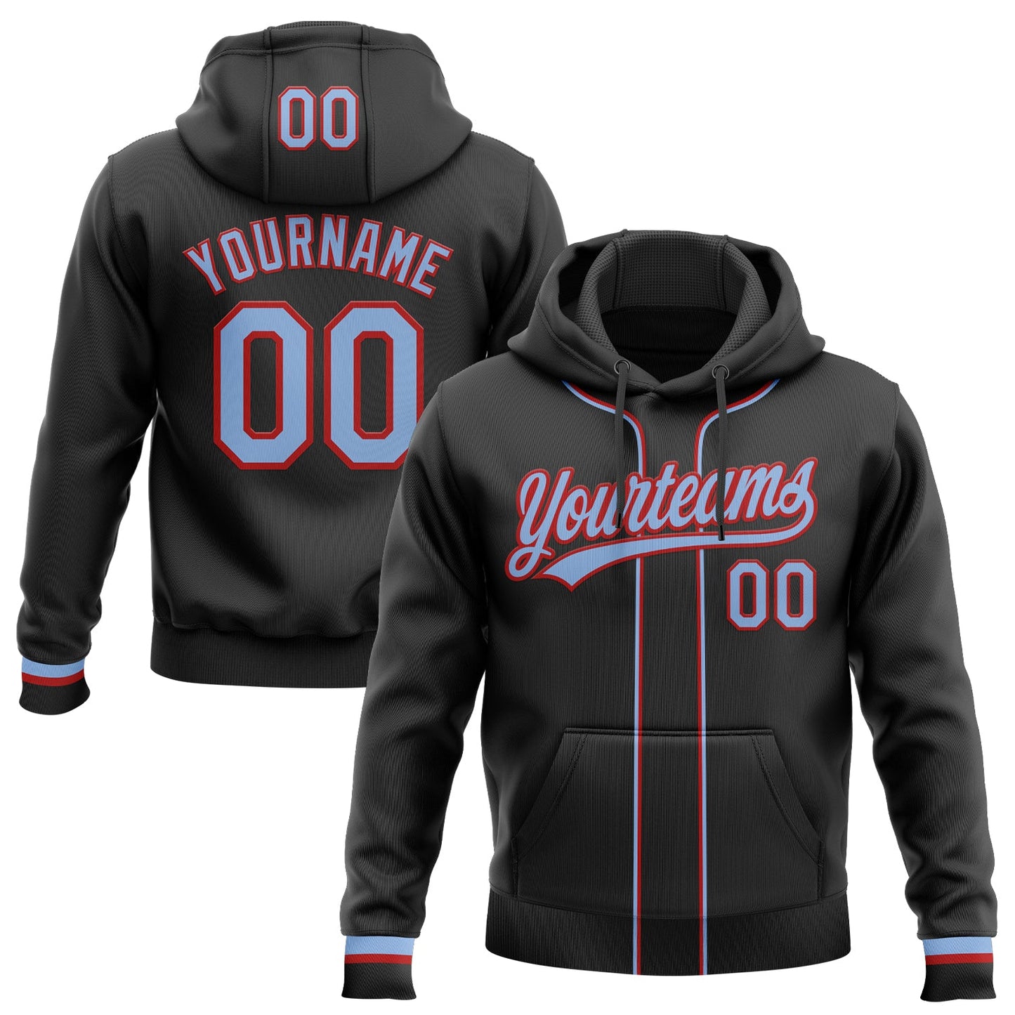 Custom Stitched Black Light Blue-Red Baseball Pullover Sweatshirt Hoodie