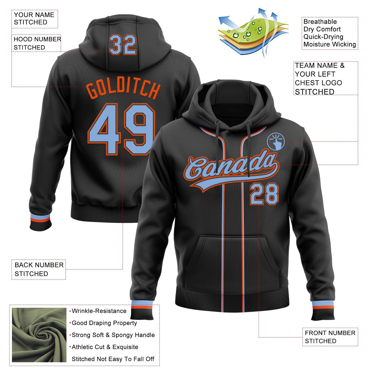 Custom Stitched Black Light Blue-Orange Baseball Pullover Sweatshirt Hoodie