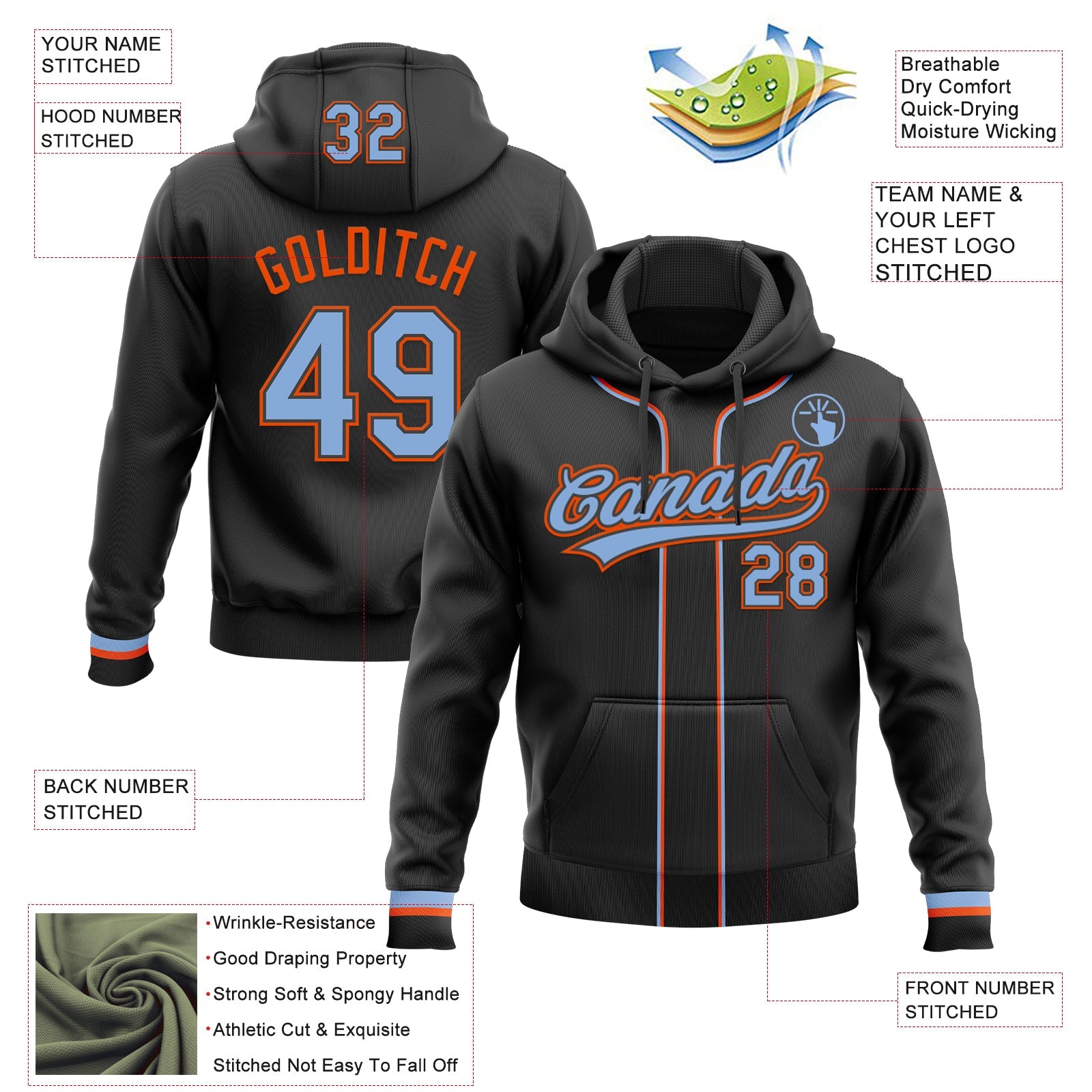 Custom Stitched Black Light Blue-Orange Baseball Pullover Sweatshirt Hoodie