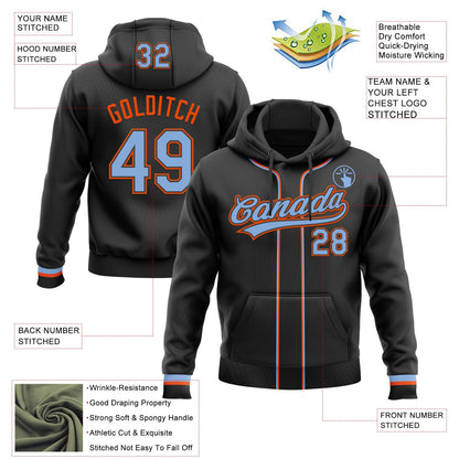 Custom Stitched Black Light Blue-Orange Baseball Pullover Sweatshirt Hoodie