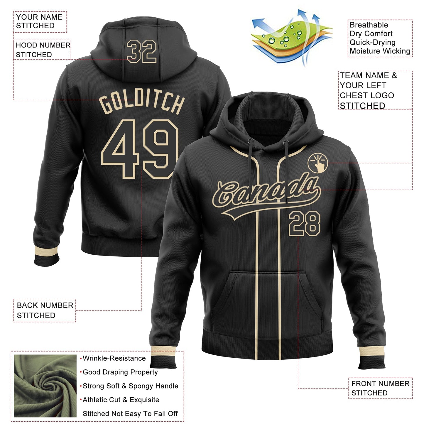 Custom Stitched Black Cream Baseball Pullover Sweatshirt Hoodie