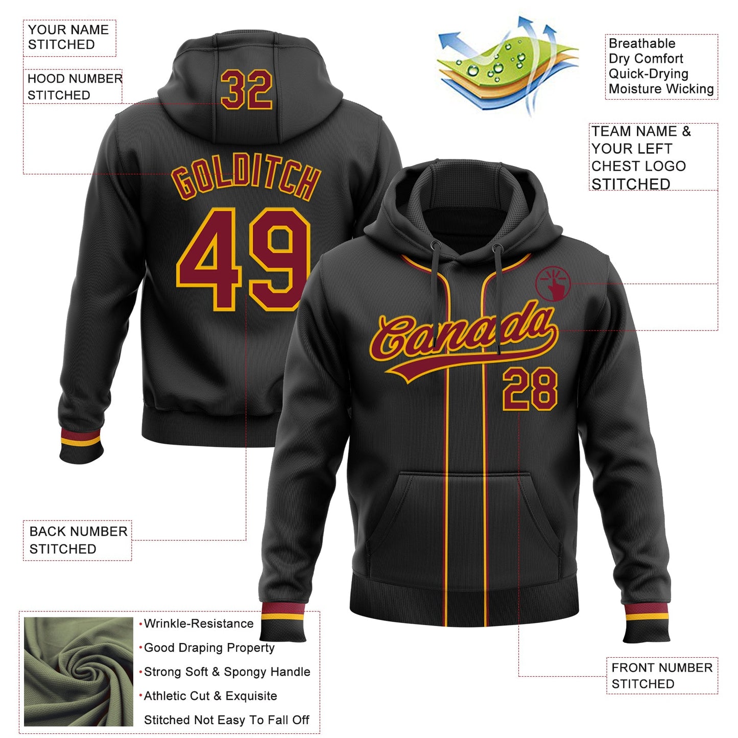 Custom Stitched Black Crimson-Gold Baseball Pullover Sweatshirt Hoodie