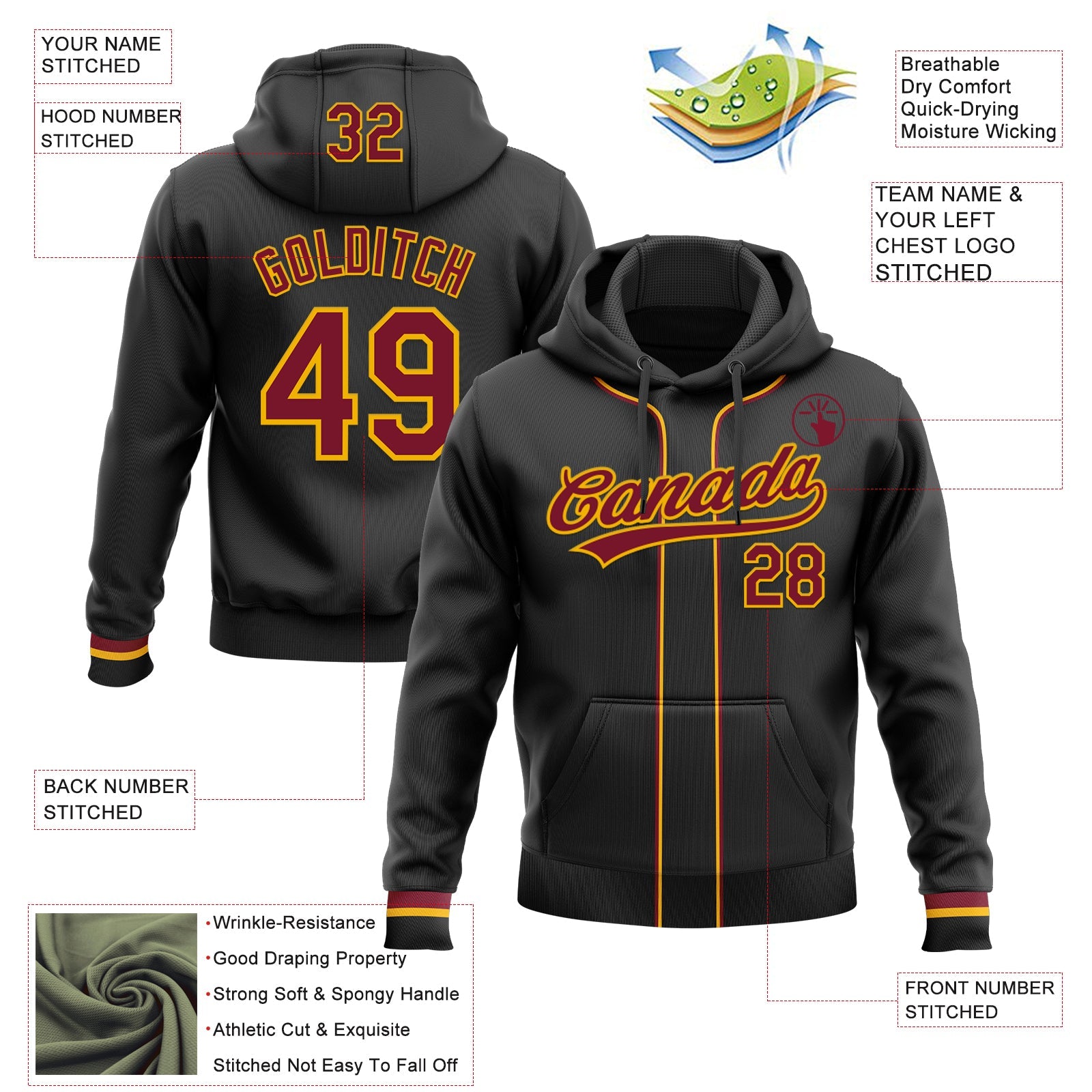 Custom Stitched Black Crimson-Gold Baseball Pullover Sweatshirt Hoodie