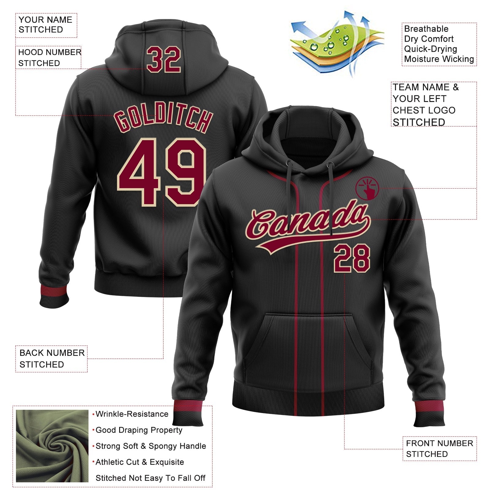 Custom Stitched Black Maroon-Cream Baseball Pullover Sweatshirt Hoodie