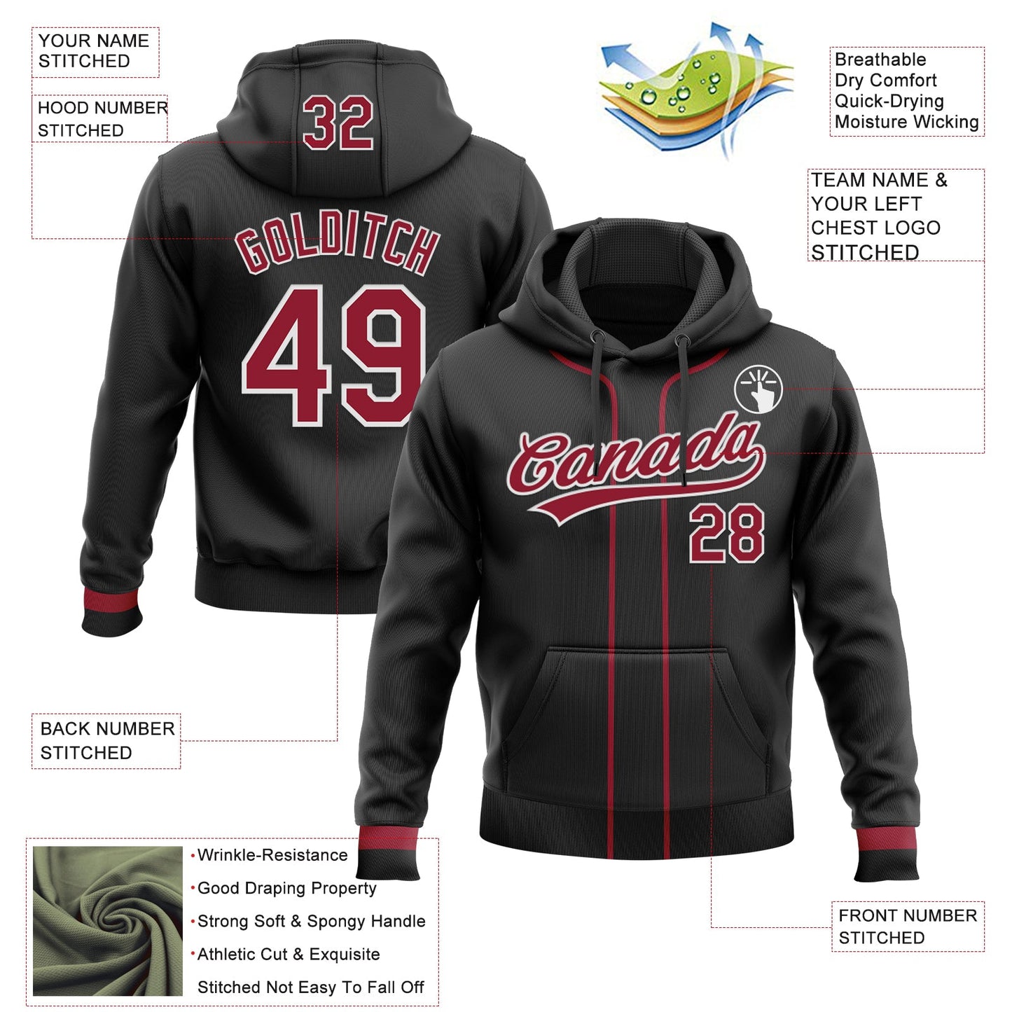 Custom Stitched Black Cardinal-White Baseball Pullover Sweatshirt Hoodie