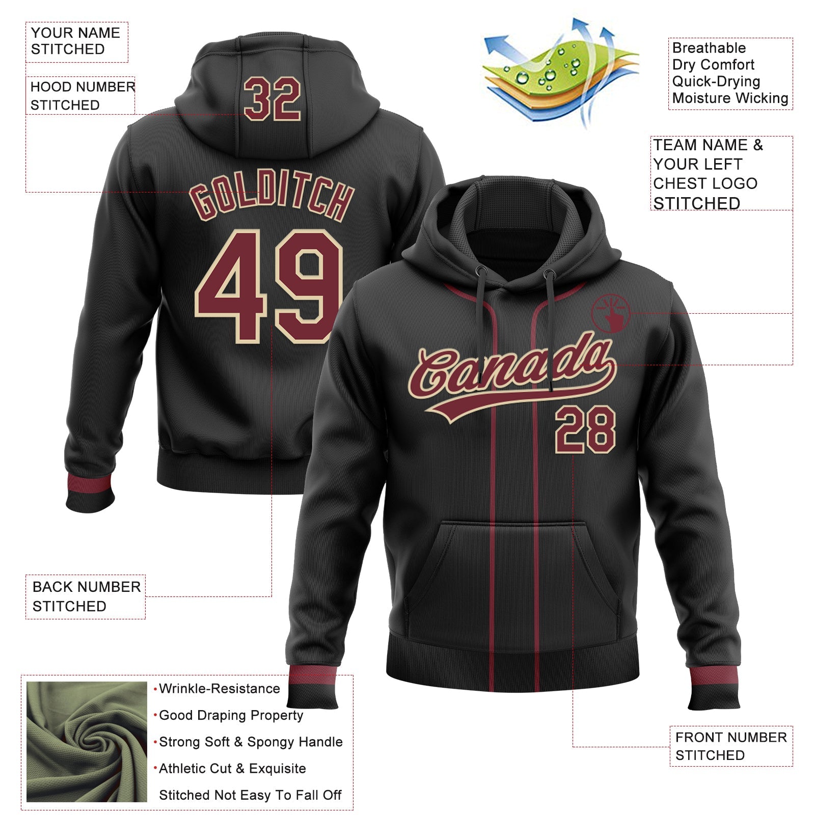 Custom Stitched Black Burgundy-Cream Baseball Pullover Sweatshirt Hoodie
