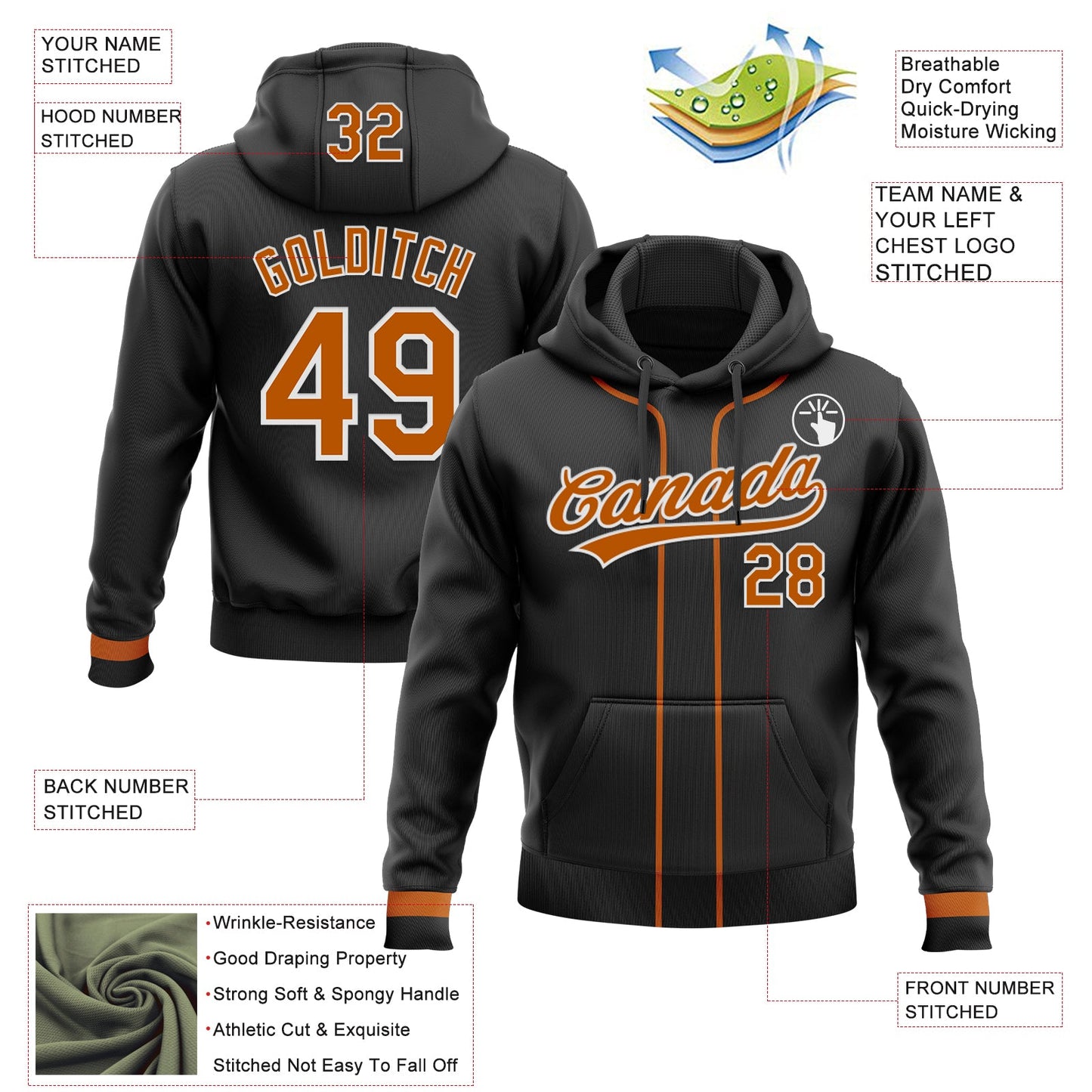 Custom Stitched Black Texas Orange-White Baseball Pullover Sweatshirt Hoodie