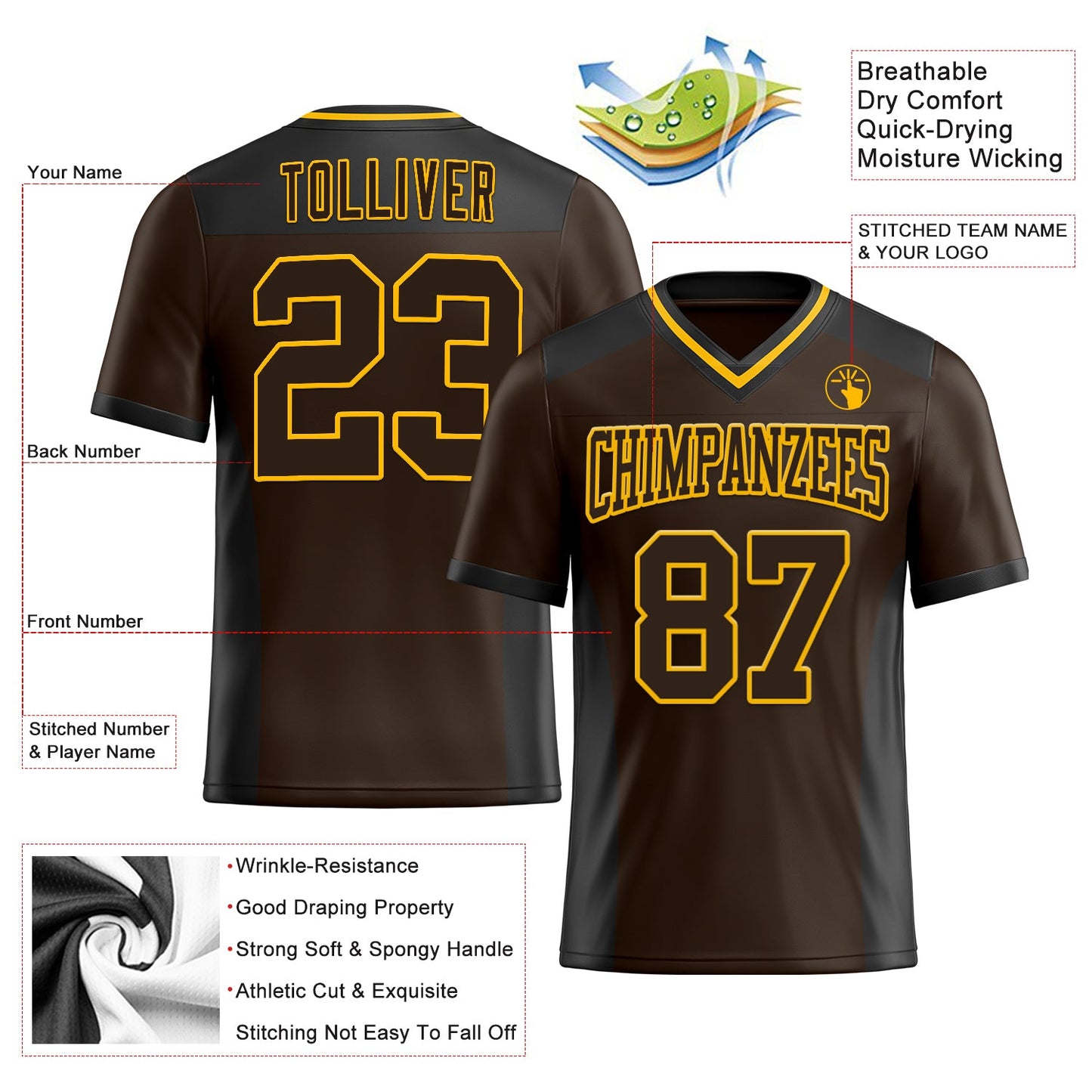 Custom Brown Gold-Black Authentic Football Jersey