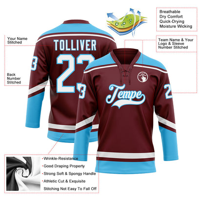 Custom Burgundy White-Sky Blue Hockey Lace Neck Jersey