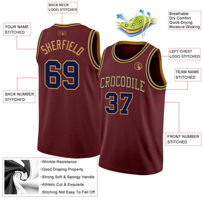 Custom Burgundy Navy-Old Gold Authentic Basketball Jersey