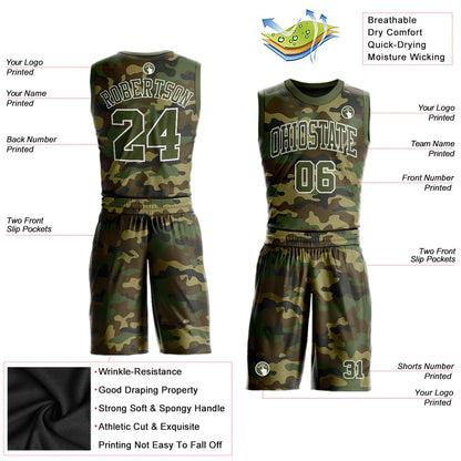 Custom Camo Olive-White Round Neck Sublimation Salute To Service Basketball Uniform Jersey