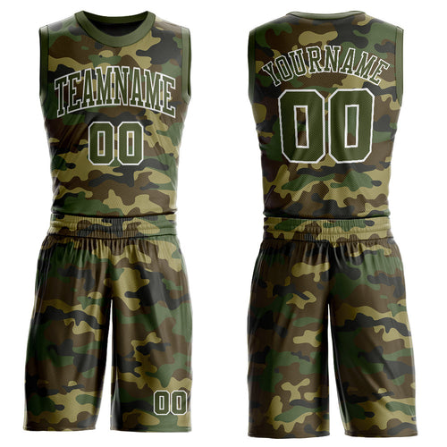 Custom Camo Olive-White Round Neck Sublimation Salute To Service Basketball Uniform Jersey