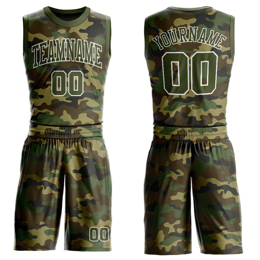 Custom Camo Olive-White Round Neck Sublimation Salute To Service Basketball Uniform Jersey