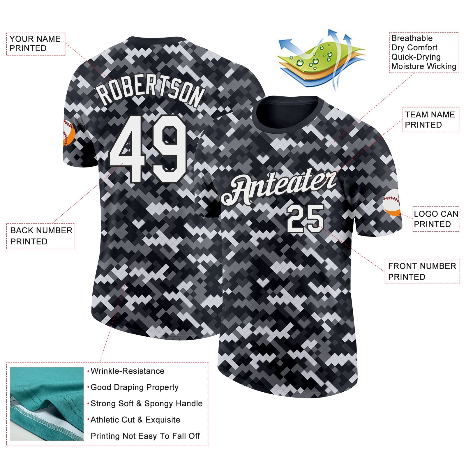 Custom Camo White-Black Urban Digital Camouflage Pixel Salute To Service Performance T-Shirt