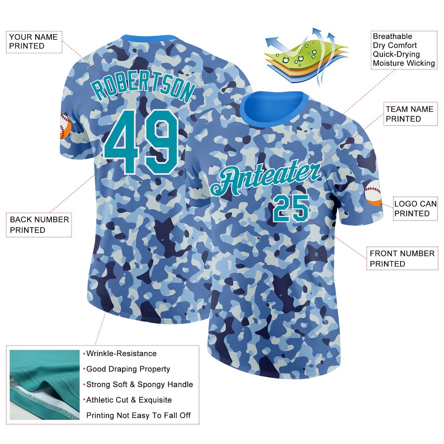 Custom Camo Teal-White Ocean Digital Camouflage Pixel Salute To Service Performance T-Shirt