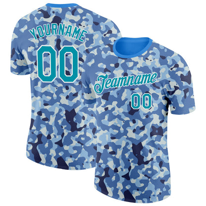 Custom Camo Teal-White Ocean Digital Camouflage Pixel Salute To Service Performance T-Shirt