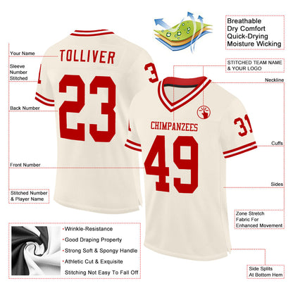 Custom Cream Red-White Mesh Authentic Throwback Football Jersey