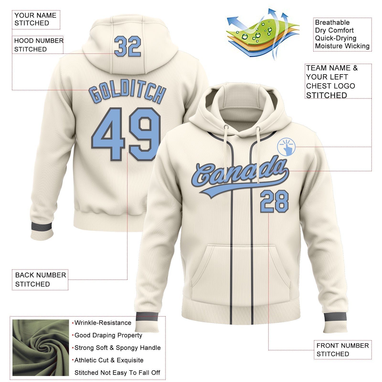 Custom Stitched Cream Light Blue-Steel Gray Baseball Pullover Sweatshirt Hoodie
