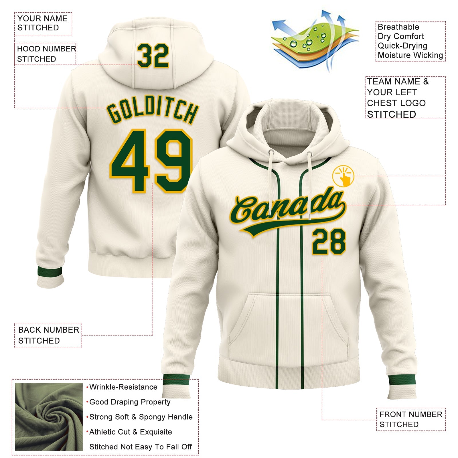 Custom Stitched Cream Green-Gold Baseball Pullover Sweatshirt Hoodie