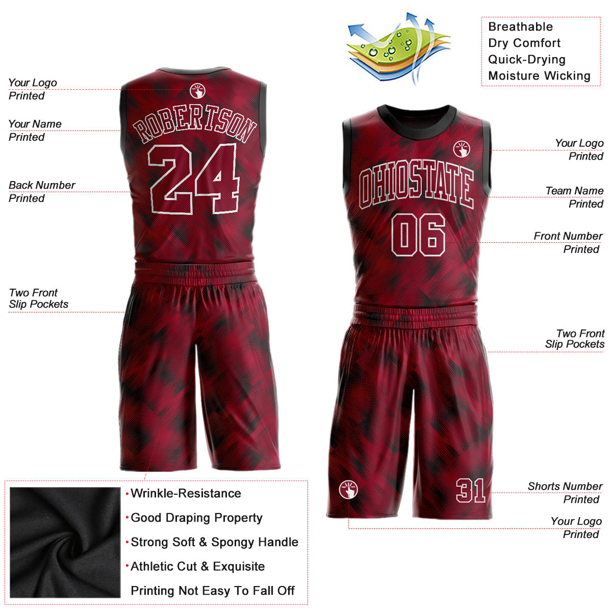 Custom Crimson Crimson-Black Round Neck Sublimation Basketball Uniform Jersey