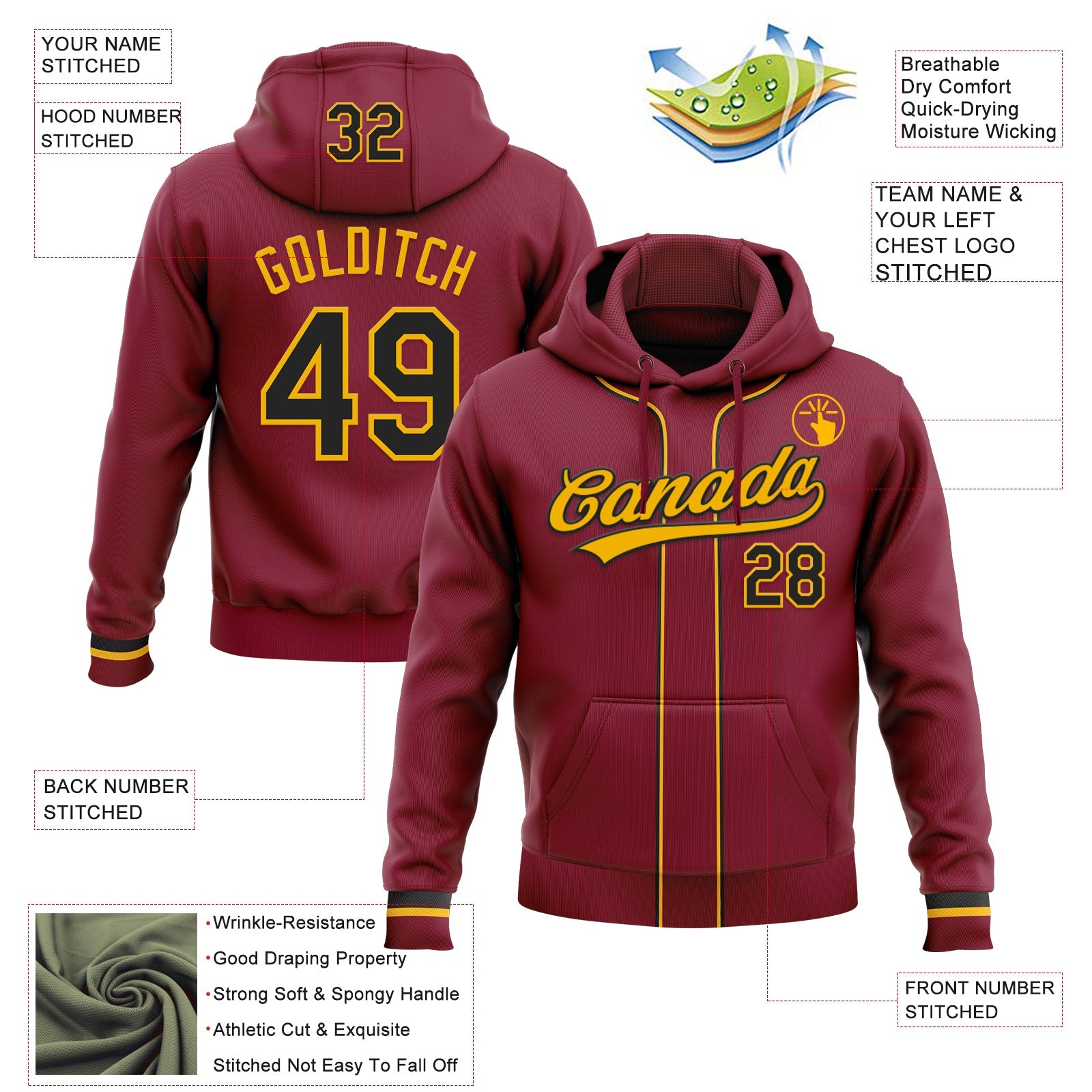Custom Stitched Crimson Black-Gold Baseball Pullover Sweatshirt Hoodie