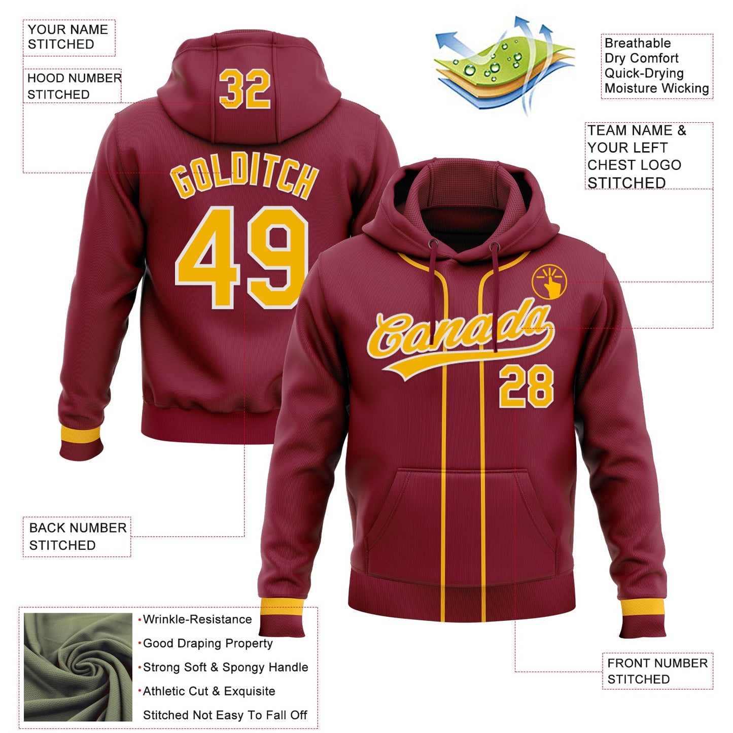 Custom Stitched Crimson Gold-White Baseball Pullover Sweatshirt Hoodie