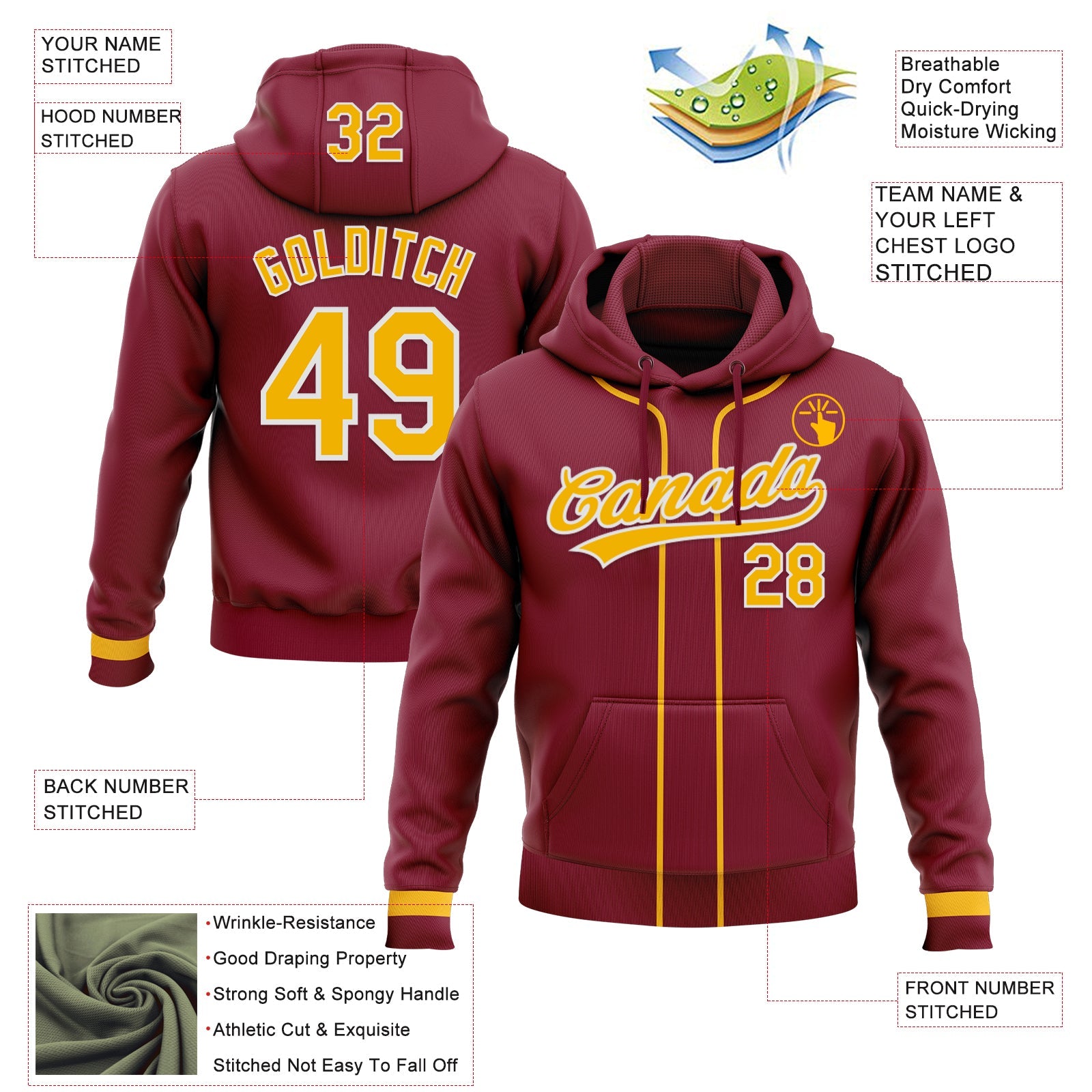 Custom Stitched Crimson Gold-White Baseball Pullover Sweatshirt Hoodie